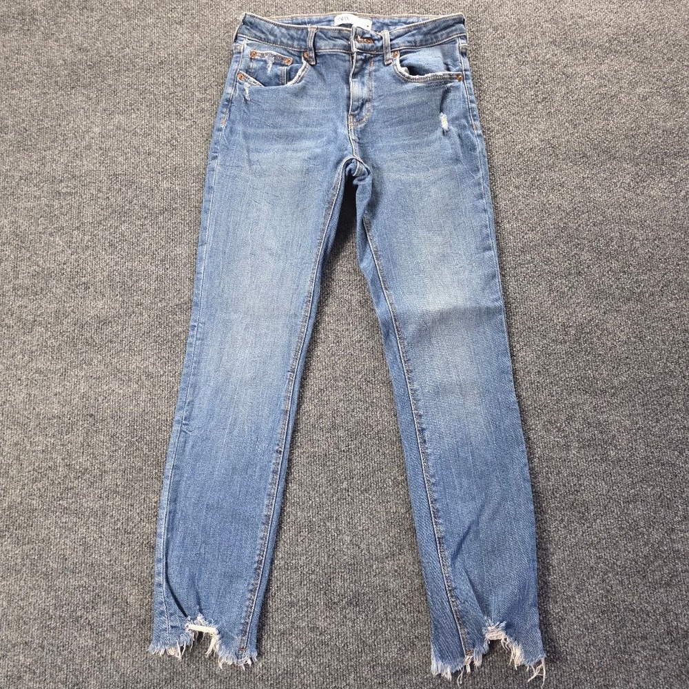 Zara The Skinny Jeans Womens 6 Medium Wash Distressed Frayed‎ Stepped Hem Blue